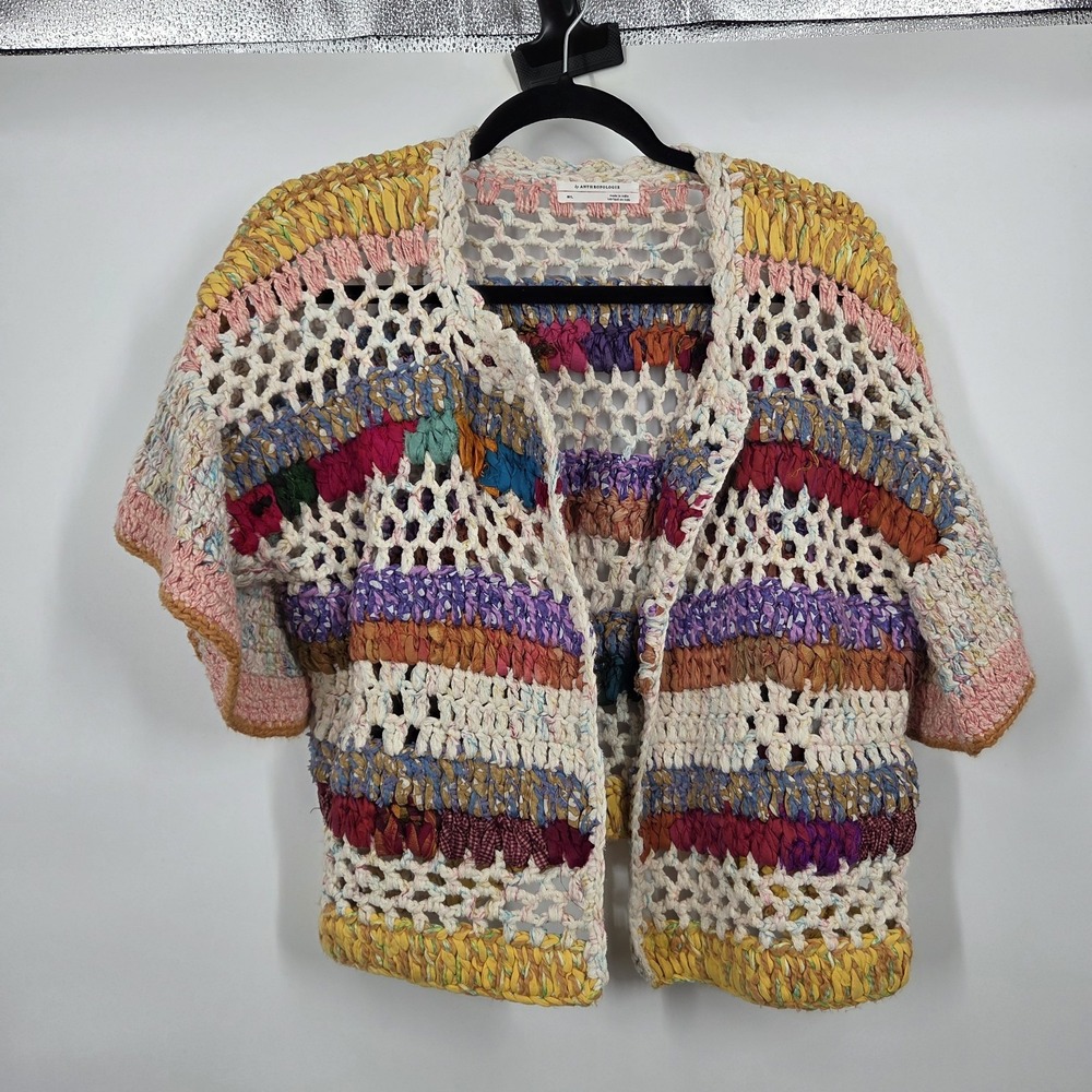 Anthropologie Cardigan Sweater Hand Knit Mia Crochet Multi Striped Crop M/L